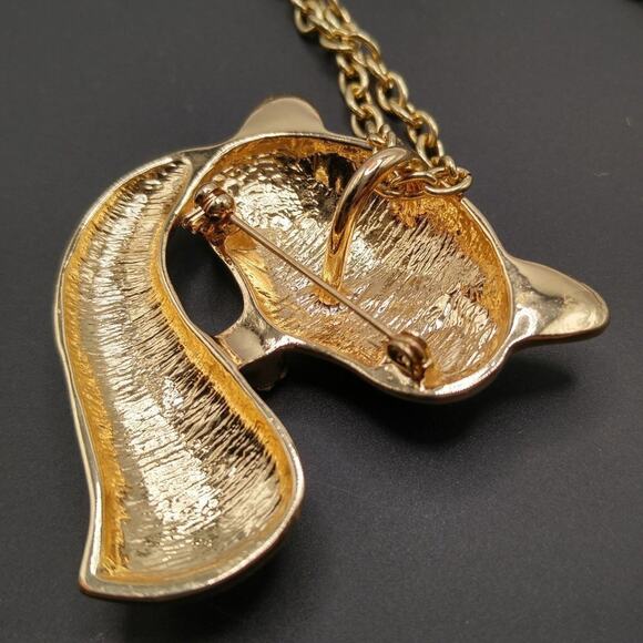 Fox Pendant Brooch Necklace, Black Enamel, Clear Rhinestones, 36" Chain - Picture 4 of 7